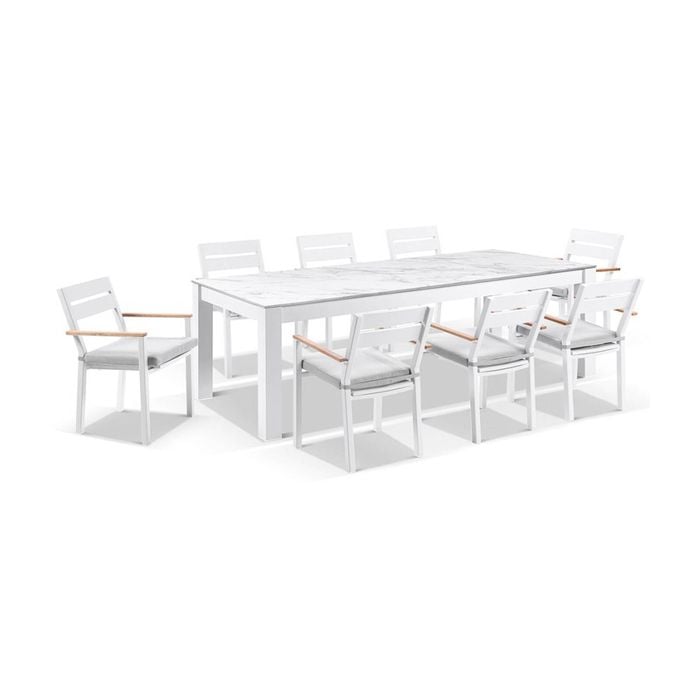 Outdoor Santorini Ceramic 2.5M Aluminium Dining Table With 8 Capri Chairs Setting