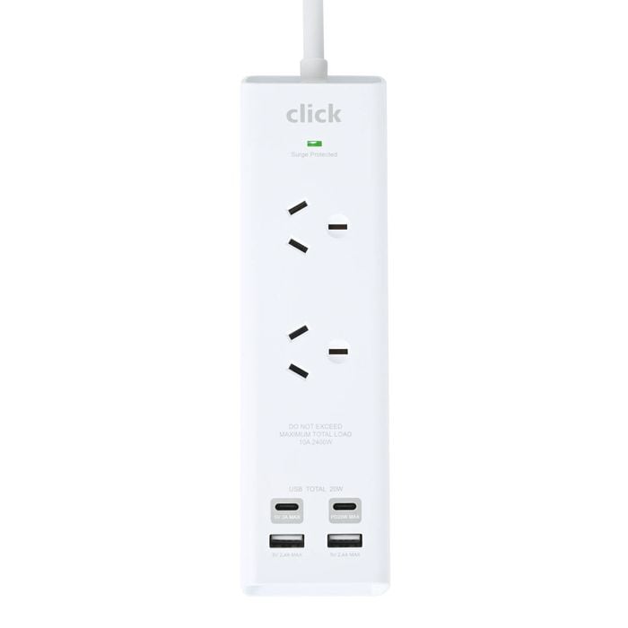 Click Fast Charging 2 Outlet White Wall Mountable Powerboard with USB A & C Outlets