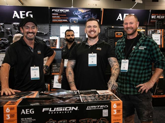 AEG tools stand at Bunnings trade expo with trade customers