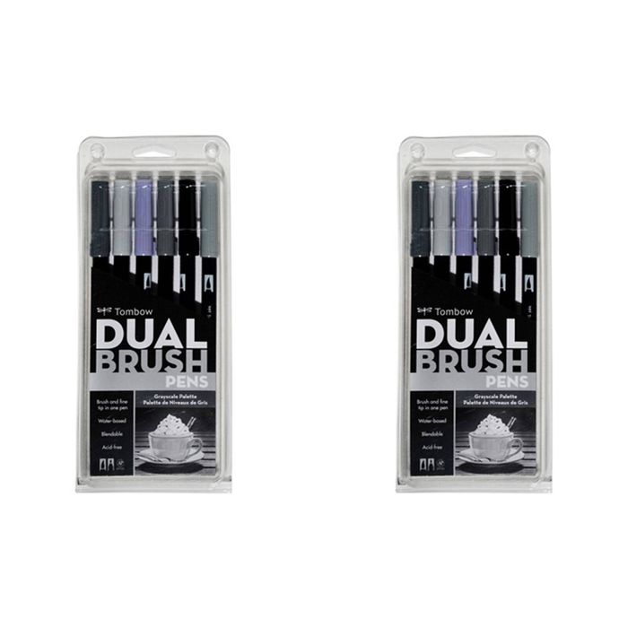 2x 6pc Tombow Dual Brush Water-based Pen Art/craft Drawing Sketching Greyscale