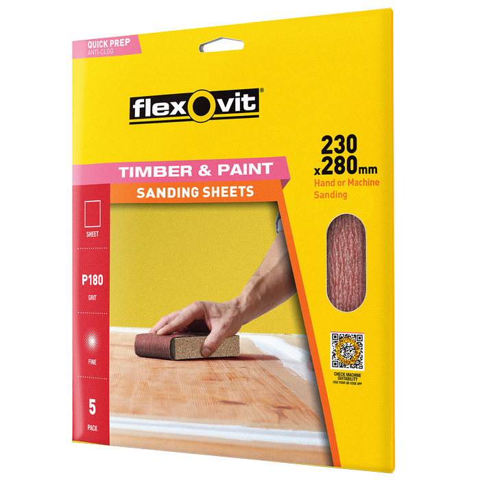 Flexovit 230x280mm 180 Grit Timber and Paint Sanding Sheets 5pk