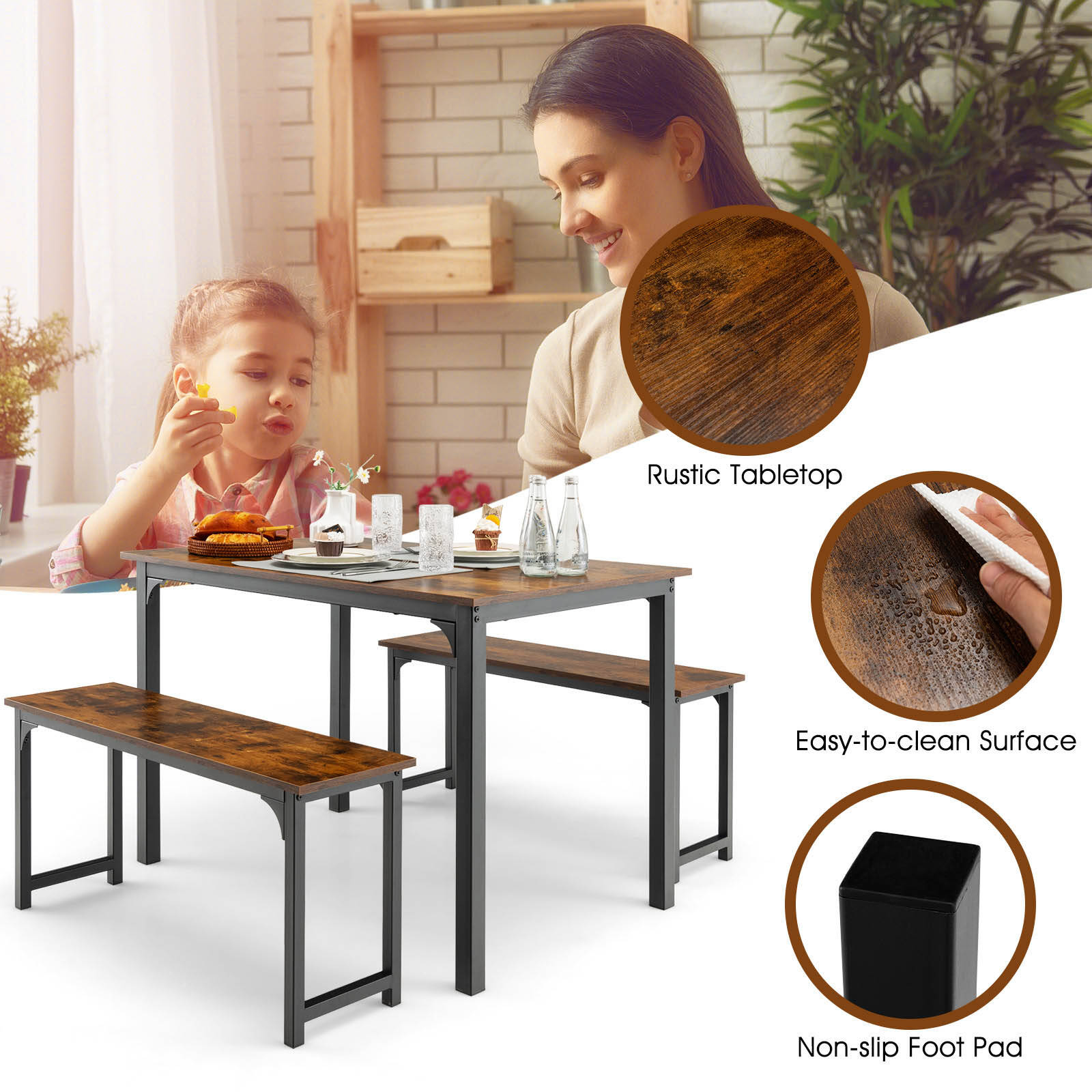 Costway 3PCS Wood Dining Table Chairs Set Dining Furniture Set Steel Frame w 2 Benches Rustic Brown Bunnings Australia