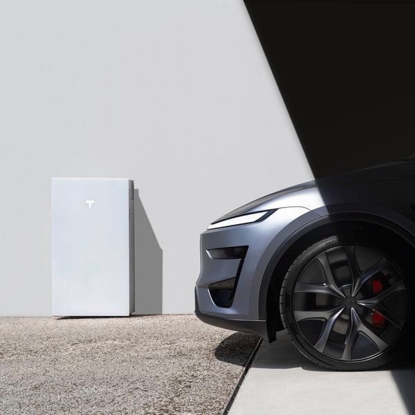Tesla Powerwall mounted on a wall next to a parked Tesla vehicle in partial sunlight.