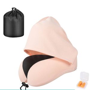 Catzon Travel Neck Pillow with Hood Memory Foam for Neck Support-Cotton-Pink