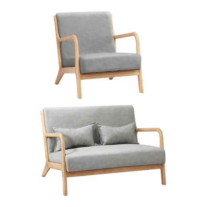 Oikiture 2PCS Armchair Lounge Chair set 1/2 Seater with 2 Pillows Fabric Grey