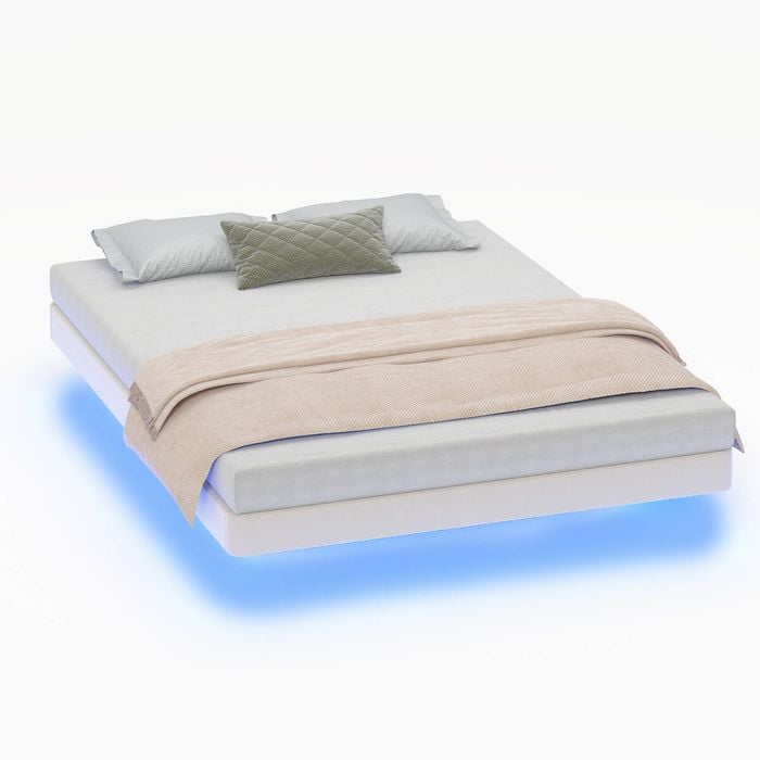 Ufurniture Velvet Floating Bed Frame with LED Lights,Beige Upholstered Platform Bed with Wooden Slats, Queen