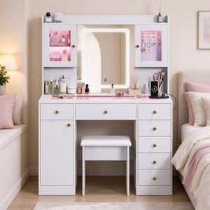 Advwin Dressing Table Set with Glass Desktop LED Light Charging Station 7 Drawers