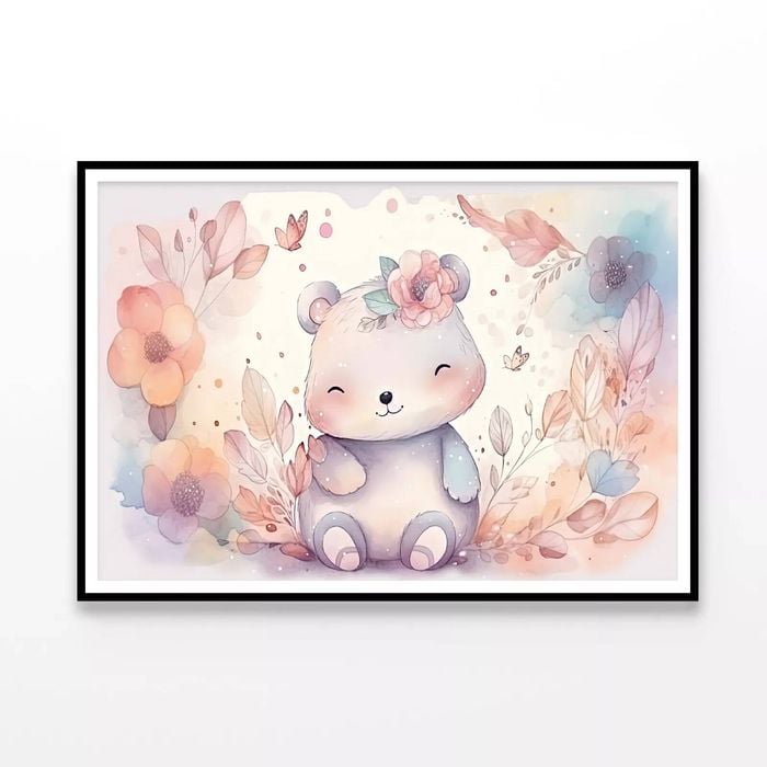 Baby Bear in Flower Garden  Print 100% Australian Made 90x60cm  (Poster)