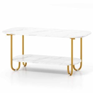 Costway 2-tier Faux Marble Coffee Table Side Table W/storage Shelf White