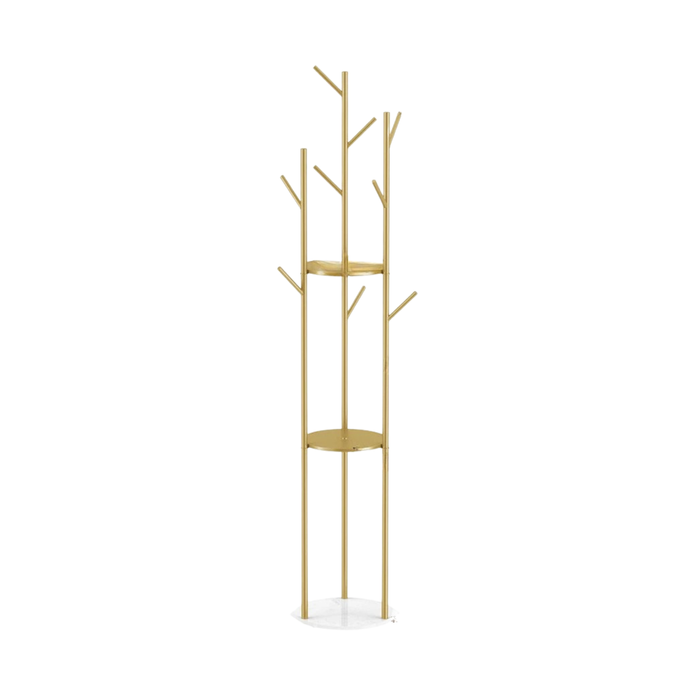 P&P Gold Tree-Branch Coat Rack With Multi-Level Round Shelves