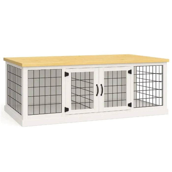 Paws and Willow Double Arctic White with Natural Top Wooden Dog Crate Hinged Door with Mesh