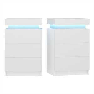 Advwin Bedside Table 3 Drawers With Lift Up Storage Nightstand LED RGB Light Side Table White