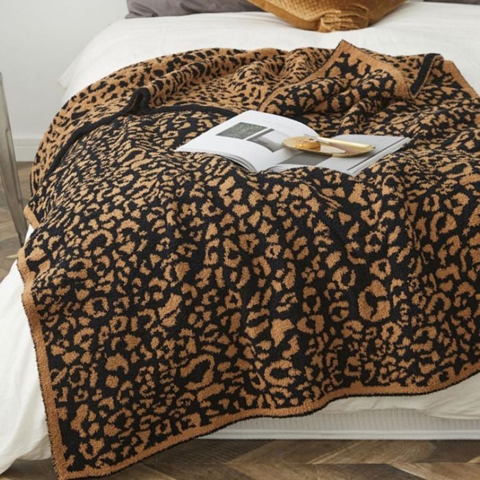 CottonMore Leopard Pattern Microfibre Winter Blanket 130x160cm Super Soft Sofa Throw Rug - Brown