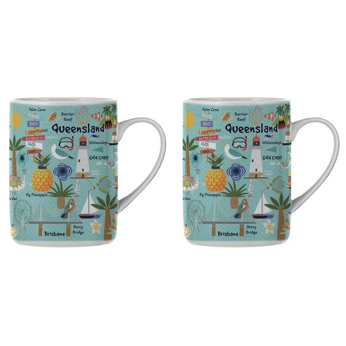 2PK Ashdene Land Down Under Qld Bone China Drinking Mug Blue 370ml