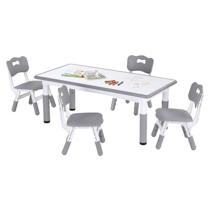 Keezi Kids Table And 4 Chairs Set Height Adjustable Toddler Activity Table Graffiti Top Grey