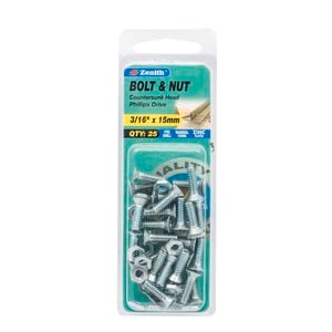 Zenith 3/16" x 15mm Zinc Plated Countersunk Head Bolt And Nut - 25 Pack