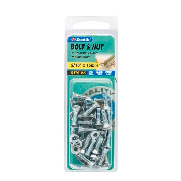 Zenith 3/16" x 15mm Zinc Plated Countersunk Head Bolt And Nut - 25 Pack