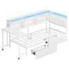 Ufurniture Single Corner Bed Frame with Foldable Desk, 2 Storage Drawers, Bookcase, LED & Charging Station, White
