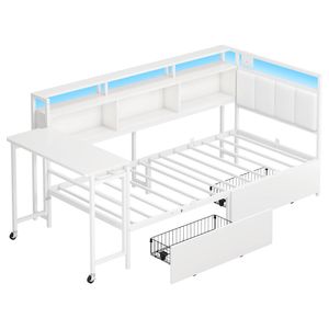 Ufurniture Single Corner Bed Frame with Foldable Desk, 2 Storage Drawers, Bookcase, LED & Charging Station, White