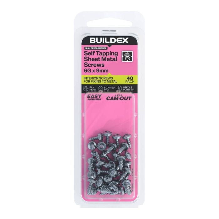 Buildex 6G x 9mm Zinc Plated Self Tapping Sheet Metal Screws - 40 Pack