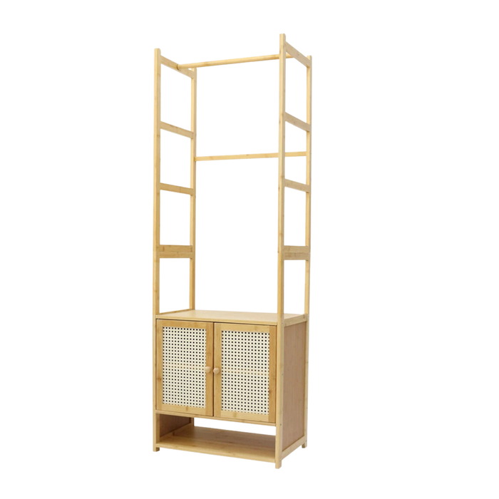 P&P Natural Wood Bamboo Wardrobe Rack With Rattan Cabinet Doors And Shelves