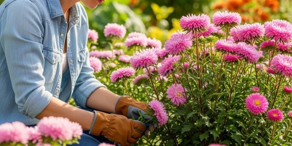 Person wearing gardening gloves pruning vibrant pink flowers in a colourful garden.