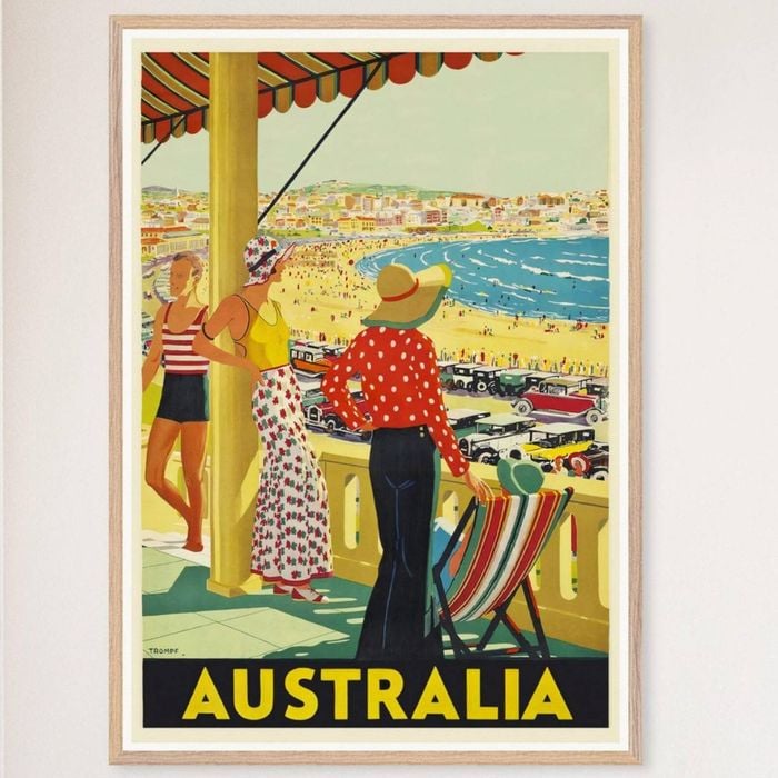 Galrie Vintage Bondi Beach Summer Travel Poster Australian Coastal Charm for Home Décor, Wood Frame, A3 30 x 42cm (12 x 16inch)