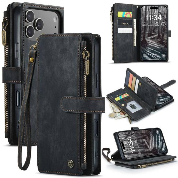 CaseMe C30 For Apple iPhone 18 Pro /17 Pro Vintage Leather Folio Zipper Wallet Case and 7 Card Slots (Black)