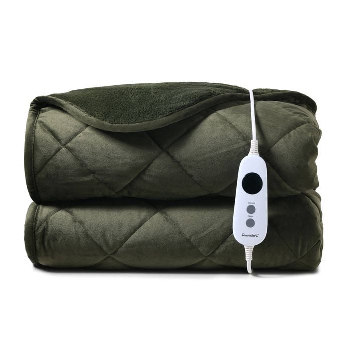 Dreamaker Haven Velvet Quilted Electric Heated Throw Blanket Olive 180x200cm | Overheat Protection & Auto-Off & Machine Washable
