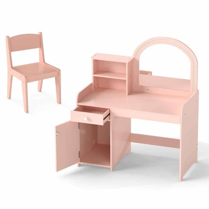 Costway Kids Makeup Vanity Table Study Desk w/2-Color LED Light Pink