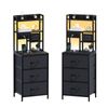 Ufurniture 2 Pcs LED Nightstand with Charging Station, 3 Drawers, 4 Shelves, Black/Brown