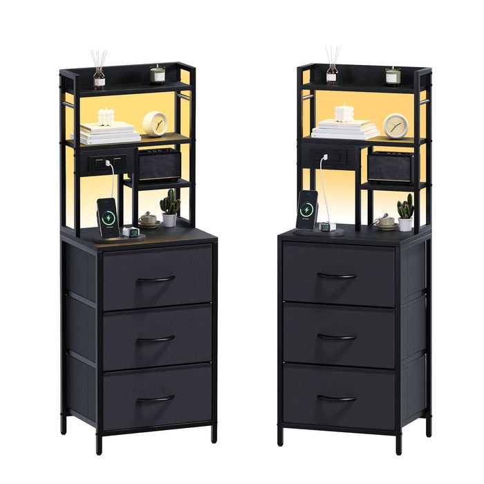 Ufurniture 2 Pcs LED Nightstand with Charging Station, 3 Drawers, 4 Shelves, Black/Brown