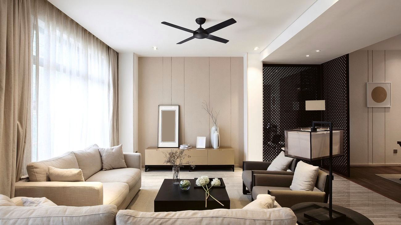 Contemporary living area in white and beige with black ceiling fan