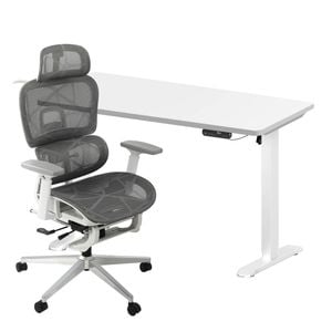 Oikiture Office Sit-stand Desk and Ergonomic Chair Set Grey & White
