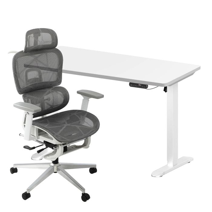 Oikiture Office Sit-stand Desk and Ergonomic Chair Set Grey & White