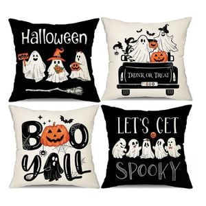 Catzon 4 Pcs Scary Throw Pillow Covers Linen Cushion Case for Decor 45X45cm