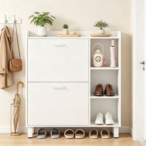 Ufurniture Shoe Cabinet 80cm Shoe Storage Cupboard w/ 2 Flip Drawers Wooden Shoe Display Shelf Rack White
