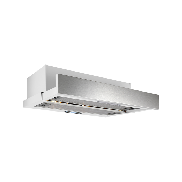 Bellini 60cm Recirculating Slide Out Rangehood White Finish With Stainless Steel Fascia