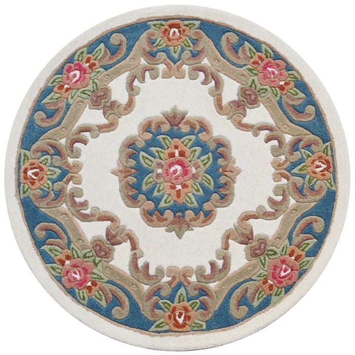 Traditional Handmade Wool Rug-Avolon-Ivory/Blue-120X120cm