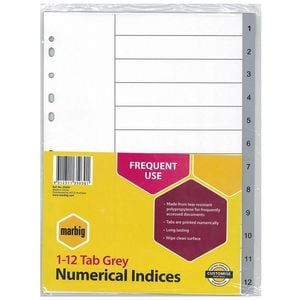 Marbig Numerical Indices & Dividers A4 (Grey) (1-12 Tab)