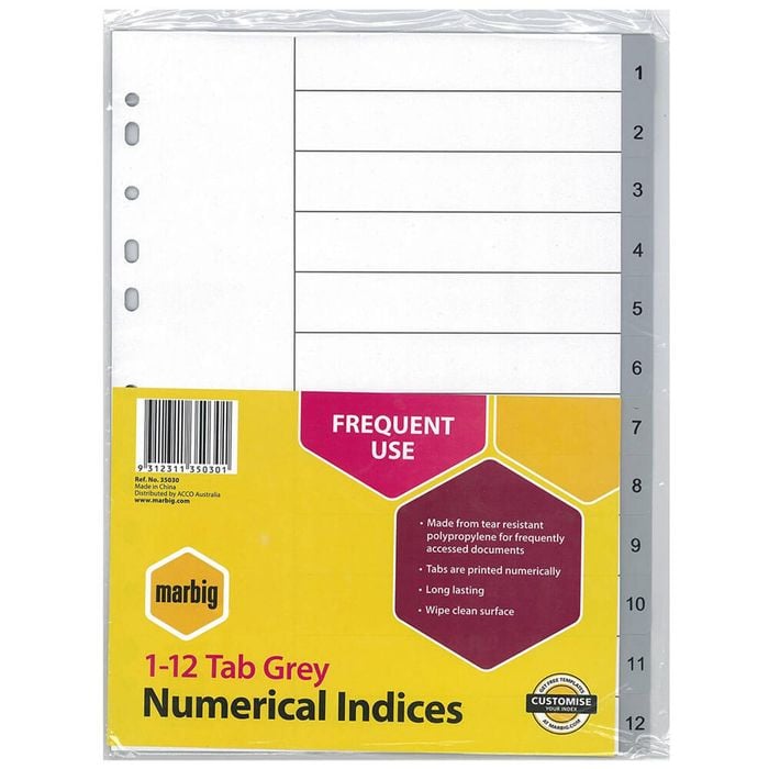 Marbig Numerical Indices & Dividers A4 (Grey) (1-12 Tab)