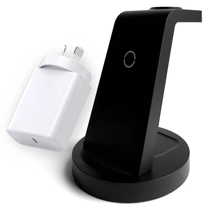 3-in-1 Wireless Charging Station for Apple CW350 Black with 20W USB-C Power Adapter