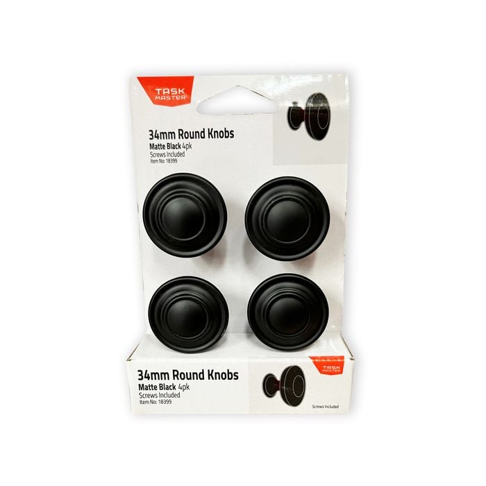 Taskmaster 34mm Matte Black Round Cabinet Knobs - 4 Pack