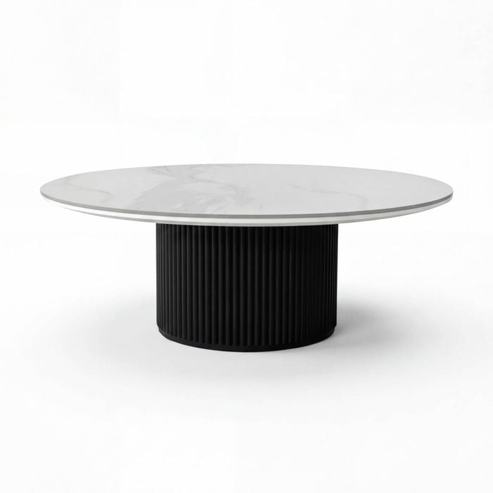 Valen 110cm Flute Round Coffee Table Ceramic Stone Top Black