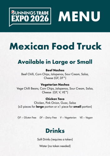 Trade Expo Wellington Menu