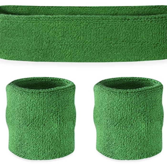 WRISTBAND & HEADBAND SET Tennis Terry Towelling Cotton Sweat Band Team Gym  Green
