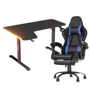 Advwin 140cm Black Gaming Desk Rgb Led Light & Gaming Chair With Footrest Blue