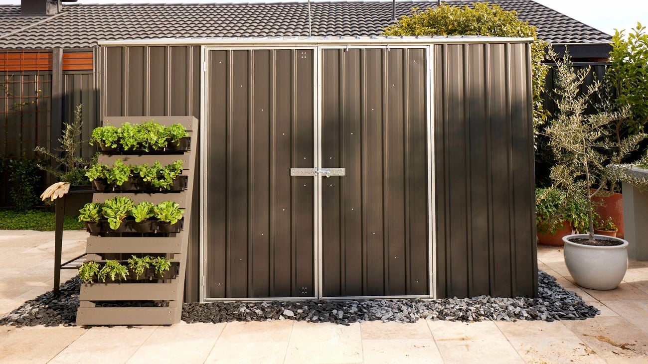 Exterior of a black shed beside pot plants sitting in wooden palettes