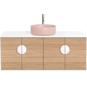 CIBO 1200mm Oak Mornington Wall Hung Bathroom Vanity With Pink Basin And White Handles