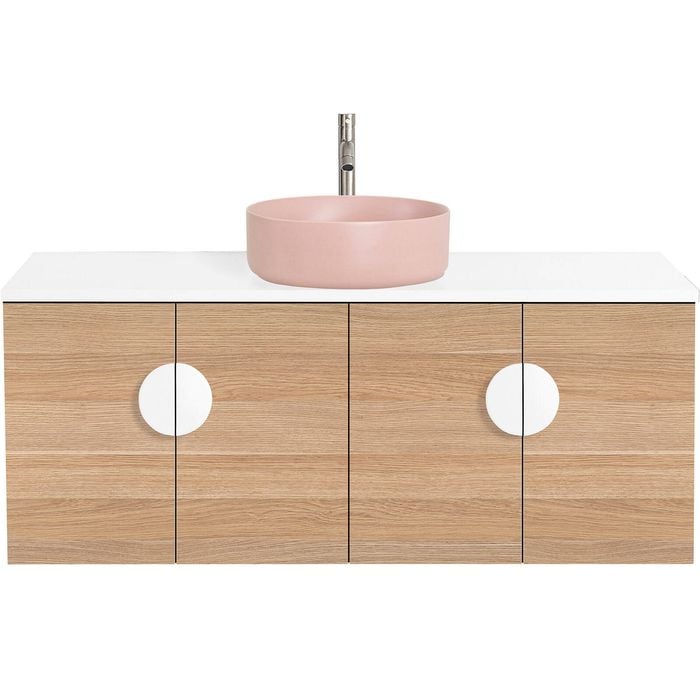 CIBO 1200mm Oak Mornington Wall Hung Vanity With Pink Basin And White Handles